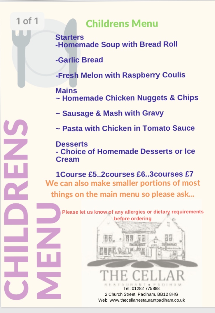 The Cellar Restaurant Padiham Menus